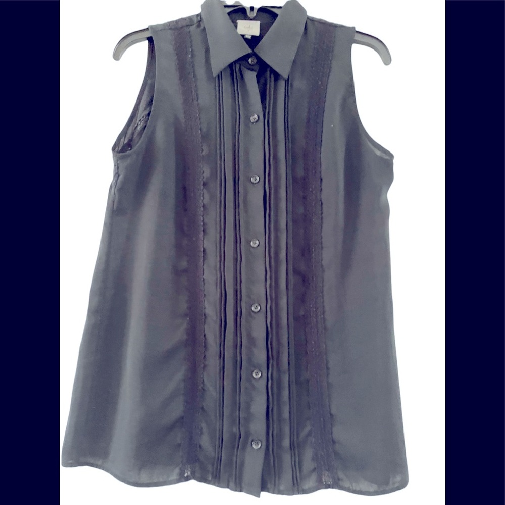 NWOT. CAbi  black button up blouse w/ lace details on front and back .